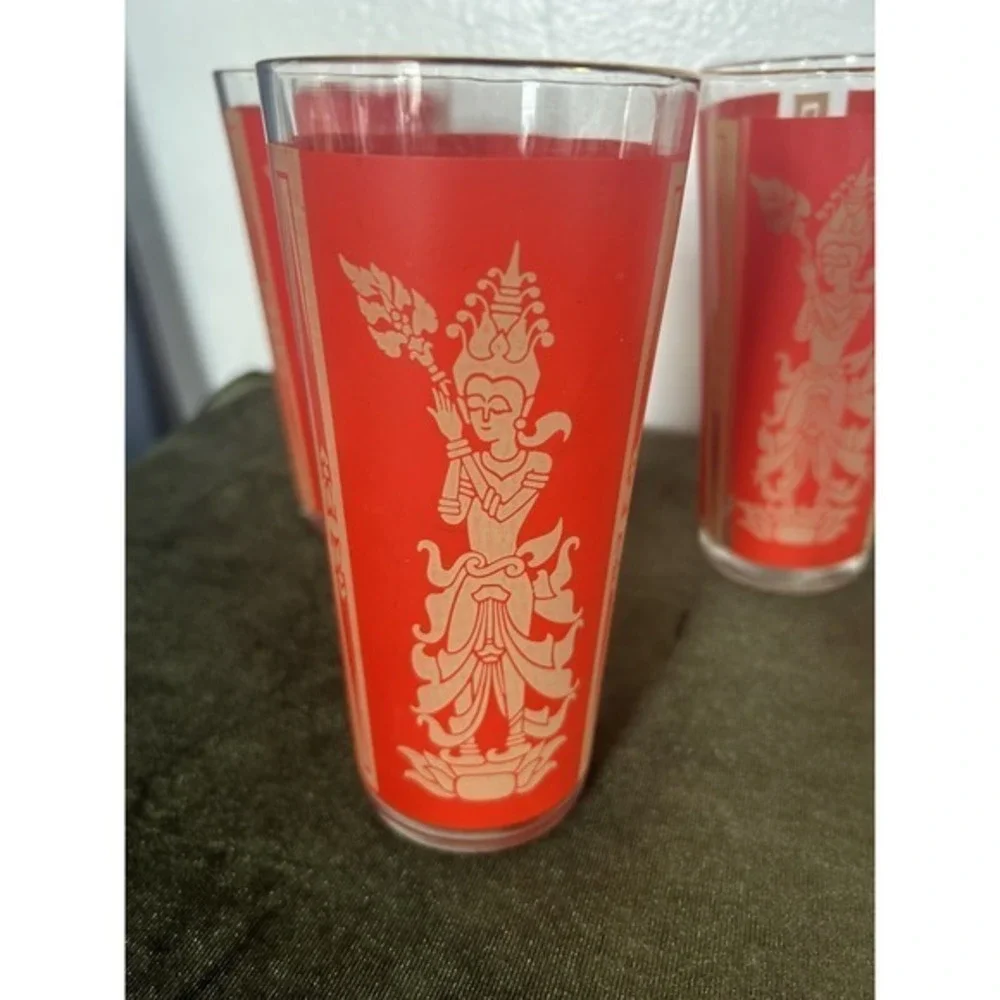 5-PC Vintage‎ Mid-century Modern Thai Goddess Culver Red Gold 12oz Glasses Gift